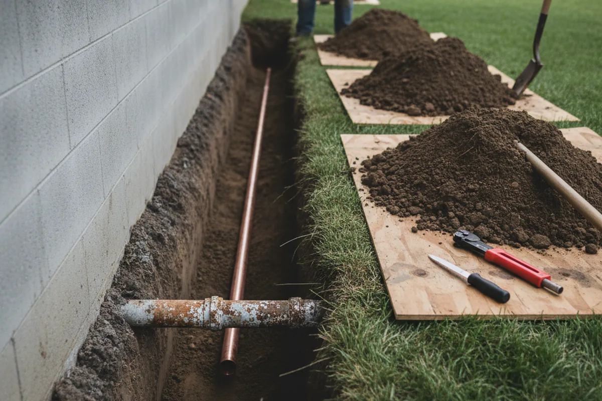 Excavated water line trench during Sewer Line Repair in Dow